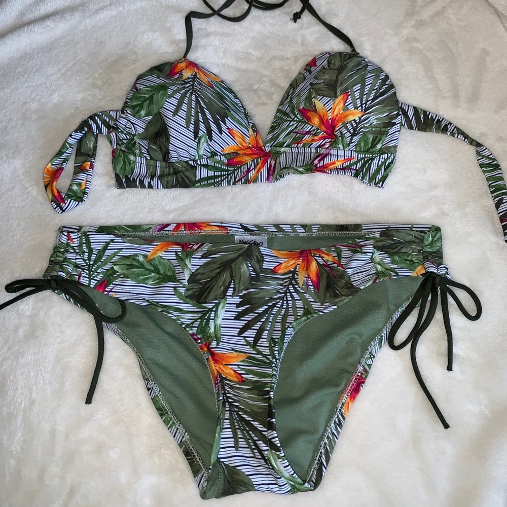 army green, tropical looking swim suit